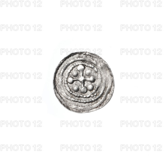 denarius, Boleslaw III Krzywousty (prince of Poland; 1086–1138 / reign 1107–1138), allegories, equal-armed cross, spearhead (issue mark), crosses, chain mail, mouth, knight, martyrs, Romanesque (style), dragons, knights, dragon, mouths, Adalbert (Saint; ca. 956–997), fight between good and evil, Middle Ages, fight against pagans, spear (iconographic), spears. Obv.: In the beaded border, a knight in chain mail thrusting a spearhead into the jaws of a dragon turned upside down. Rv.: In the triple beaded border, an isosceles cross topped with balls; at the intersection of the arms, a ball; between the arms, one ball. ca. 1125–1138; Poland, Kraków; coin; diameter 11.2–11.6 mm; weight 0.36 g.