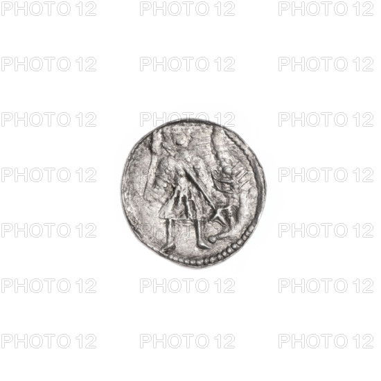 denarius, Boleslaw III Krzywousty (prince of Poland; 1107–1138), allegories, Boleslaw III Krzywousty (prince of Poland; 1086–1138), spearhead (issue mark), equal-armed cross, chain mail, crosses, chain mail, mouth, knight, Romanesque (style), martyrs, dragons, knights, dragon, mouths, Adalbert (Saint; ca. 956–997), Middle Ages, fight against pagans, spear, fight against good evil, spears. Obv.: In the beaded border, a knight in chain mail thrusting a spearhead into the jaws of a dragon turned upside down. Rv.: In the triple beaded border, an isosceles cross topped with balls (two of them with one dot each). At the intersection of the arms, a ball. Between them, one ball (each with one dot). ca. 1125–1138, Poland, Kraków, coin, diameter 11.8–12.1 mm, weight 0.43 g