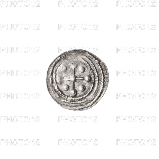 Denarius, Boleslaw III Krzywousty (prince of Poland; 1086–1138). Romanesque-style coin, ca. 1125–1138, Poland, Kraków. Obverse (in beaded border): a knight in chain mail thrusting a spearhead into the jaws of an upside-down dragon; knight with spear, chain mail, mouth, dragons, knights, fight against pagans/good vs. evil, martyrs, Adalbert (Saint; ca. 956–997). Reverse (in triple beaded border): an isosceles cross topped with balls (two of them with one dot each); at intersection and between arms, balls (each with one dot). Coin (denarius), diameter 11.8–12.1 mm, weight 0.43 g.