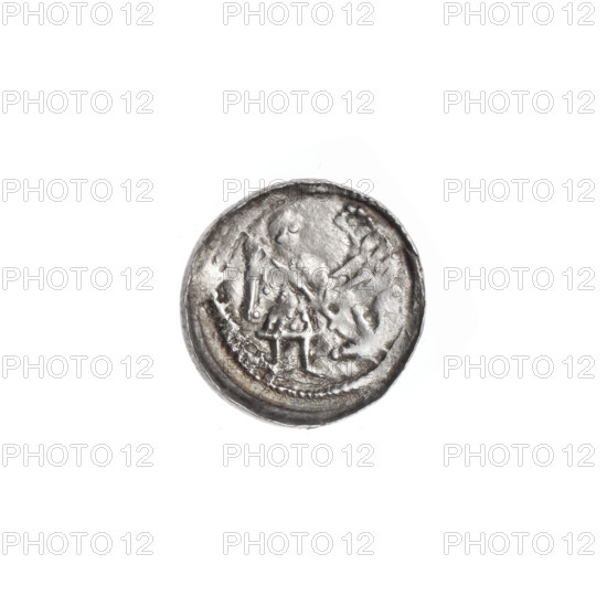 Denarius, Boleslaw III Krzywousty (prince of Poland; reign 1107–1138). Obverse: in the beaded border, a knight in chain mail thrusting a spearhead into the jaws of an upside-down dragon. Reverse: in a triple beaded border, an isosceles cross topped with balls; between its arms, one ball (two of them with one dot). Allegorical imagery: knights, dragons, fight between good and evil, martyrs, Adalbert (Saint; ca. 956–997), fight against pagans. Motifs: spearhead (issue mark), equal-armed cross, chain mail, mouths. Romanesque style. Attributed Jastrzebowski, Stanislaw (1898–1980). ca. 1125–1138, Kraków, Poland. Coin. Diameter 12.3–12.6 mm. Weight 0.49 g.