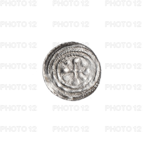 denarius, Boleslaw III Krzywousty (prince of Poland; 1086–1138; reign 1107–1138), allegories, spearhead (issue mark), equal-armed cross, chain mail, crosses, mouth, martyrs, knight, Romanesque (style), mouths, dragons, knights, dragon, Middle Ages, fight between good and evil, Adalbert (Saint; ca. 956–997), fight against pagans, spears, spear. Obv.: In the beaded border, a knight in chain mail thrusting a spearhead into the jaws of an upside-down dragon. Rv.: In the triple beaded border, an isosceles cross topped with balls; between its arms, one ball (two of them with one dot). ca. 1125–1138, Kraków, Poland; coin; diameter 12.3–12.6 mm; weight 0.49 g