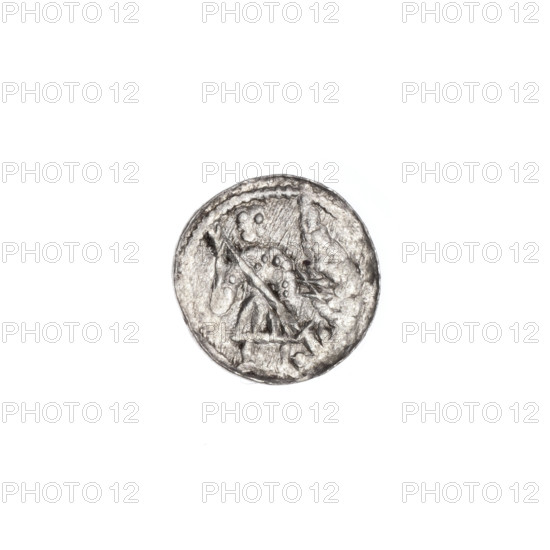 Denarius, Boleslaw III Krzywousty (Prince of Poland; 1086–1138). Obverse: in a beaded border, a knight in chain mail thrusting a spearhead into the jaws of an upside-down dragon. Reverse: in a triple beaded border, an isosceles cross topped with balls; at the intersection of the arms a ball; one arm intersects the other at approximately 1/3 of its length. Iconography: spearhead, chain mail, equal-armed cross, crosses, mouth, knight, dragon, fight between good and evil, fight against pagans; motifs associated with Adalbert (St.; ca. 956–997), martyrs, knights; Romanesque style. Date: ca. 1125–1138. Place: Poland, Kraków. Coin. Diameter 11.6–11.9 mm. Weight 0.39 g.