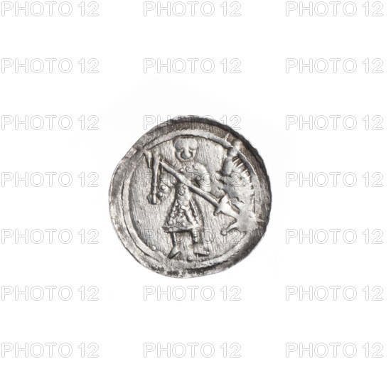 Denarius, Boleslaw III Krzywousty (prince of Poland; 1107–1138). Obverse: in a beaded border, a knight in chain mail thrusting a spearhead into the jaws of an upside-down dragon; under the knight's feet, a dot between them. Reverse: in a triple beaded border, an isosceles cross topped with balls; between its arms, in two quarters two balls each (smaller ones closer to the center, larger ones farther), in the other two quarters one ball each. Romanesque style; themes: knights, dragons, fight between good and evil, fight against pagans; references to martyrs and St. Wojciech (ca. 956–997). Spearhead (issue mark). Coin, ca. 1125–1138, Poland, Kraków. Diameter 12.5–12.9 mm, weight 0.50 g.