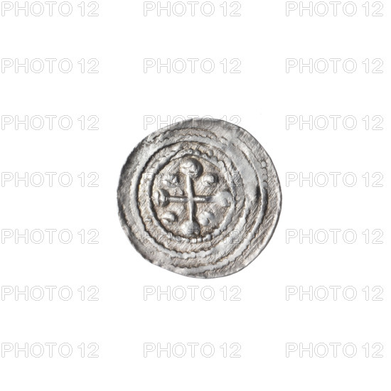 Denarius of Boleslaw III Krzywousty (prince of Poland; 1086–1138), ca. 1125–1138. Obverse (beaded border): a knight in chain mail thrusting a spearhead into the jaws of an inverted dragon; a dot beneath the knight's feet. Reverse (triple beaded border): an isosceles cross topped with balls; between its arms, two quarters contain two balls each (smaller ones nearer the center, larger ones outward) and the other two quarters contain one ball each. Materials/technique: coin. Diameter: 12.5–12.9 mm. Weight: 0.50 g. Style: Romanesque. Subject motifs: knight, dragon, spears/spearhead, chain mail, crosses, fight between good and evil, fight against pagans; reference to St. Wojciech (ca. 956–997). Maker: Jastrzebowski, Stanislaw (1898–1980) (issue mark).