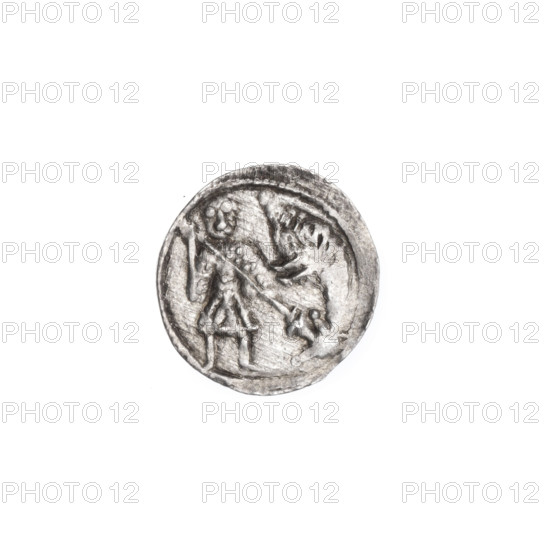 denarius, Boleslaw III Krzywousty (prince of Poland; 1107–1138), spearhead (issue mark), allegories, equal-armed cross, chain mail, crosses, martyrs, mouth, dragons, Romanesque (style), dragon, knights, mouths, Middle Ages, knight, fight between good and evil, fight against pagans, Adalbert (St.; ca. 956–997), spear, spears, Obv. In the beaded border, a knight in chain mail thrusting the spearhead into the jaws of a dragon turned upside down. Rv. In the triple beaded border, an isosceles cross topped with balls (two of them with one dot each). Between its arms, one ball (each with one dot)., ca. 1125–1138, Poland, Kraków, coin, diameter 12.4–13.0 mm, weight 0.58 g