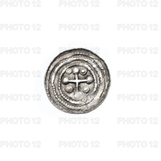 Denarius, Boleslaw III Krzywousty (prince of Poland; ca. 1107–1138). Obverse: in a beaded border, a knight in chain mail thrusting a spearhead into the jaws of an upside-down dragon — allegory of the fight between good and evil / fight against pagans; associations with St. Adalbert (ca. 956–997) and martyrs. Reverse: in a triple beaded border, an isosceles cross topped with balls (two with one dot each); a ball with one dot between each arm. Romanesque style. Spear(s), crosses, dragons, knights motifs. Coin, Poland, Kraków, ca. 1125–1138. Denomination: denarius. Diameter: 12.4–13.0 mm. Weight: 0.58 g.