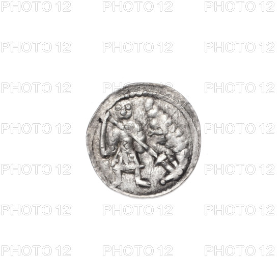denarius, Boleslaw III Krzywousty (prince of Poland; 1107–1138), allegories, Boleslaw III Krzywousty (prince of Poland; 1086–1138), spearhead (issue mark), jaws (iconographic), crosses, equal-armed cross (iconographic), chain mail (iconographic), chain mails, knight (iconographic), Romanesque (style), martyrs, jaws, knights, dragons, dragon (iconographic), Adalbert (St.; ca. 956–997), spear (iconographic), spears, fight against pagans (iconographic), fight against good evil, Middle Ages. Obv.: In the beaded border, a knight in chain mail thrusting a spearhead into the jaws of a dragon turned upside down. Rv.: In the triple beaded border, an isosceles cross topped with balls. At the intersection of the arms, a ball. Between them, one ball (two of them have one dot). ca. 1125–1138. Kraków, Poland. Coin. Diameter 12.6–12.9 mm. Weight 0.56 g.