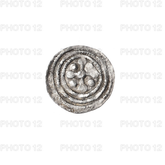 Denarius of Boleslaw III Krzywousty (prince of Poland; ca. 1086–1138), Romanesque style, ca. 1125–1138. Obverse: in a beaded border, a knight in chain mail thrusting a spearhead into the upside-down jaws of a dragon. Reverse: in a triple beaded border, an isosceles cross topped with balls; at the intersection of the arms a ball; between the arms one ball (two of them have one dot). Iconography: knight, chain mail, spear/spearhead, dragon, jaws, equal-armed cross, martyrs, fight against pagans/good vs. evil, St. Adalbert. Coin; diameter 12.6–12.9 mm; weight 0.56 g.