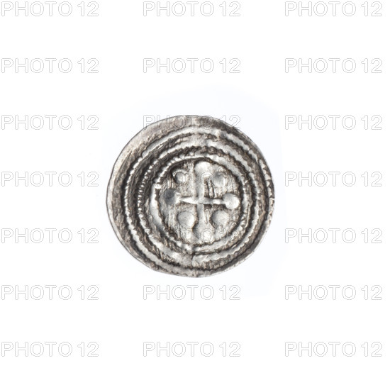 Denarius, Boleslaw III Krzywousty (Prince of Poland; 1107–1138). Obverse: within a beaded border, a knight in chain mail thrusting a spearhead into the jaws of an upside-down dragon. Reverse: within a triple beaded border, an isosceles cross topped with balls; between its arms, one ball (one of them has a dot). Allegorical depiction of knights, martyrs, dragons, fight between good and evil, fight against pagans; Romanesque style; references to Adalbert (St.; ca. 956–997). Circa 1125–1138. Poland, Kraków. Coin (denarius). Diameter 12.7–13.2 mm; weight 0.52 g.