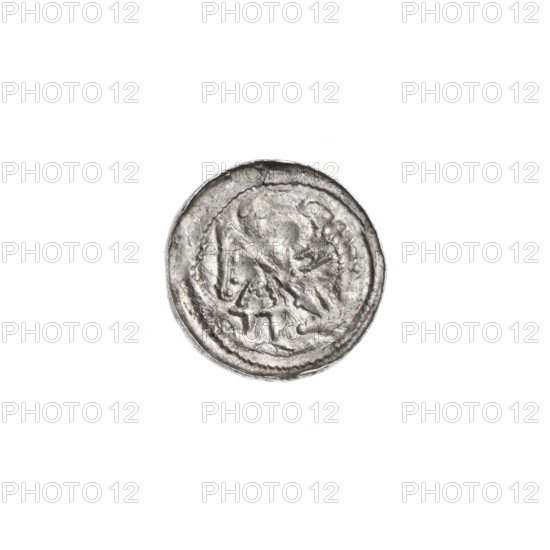 denarius, Boleslaw III Krzywousty (prince of Poland; 1086/1107–1138), allegories, spearhead (issue mark), crosses, equal-armed cross, jaws, chain mail, martyrs, Romanesque (style), knight, dragons, dragon, Middle Ages, fight between good and evil, fight against pagans, spears, Adalbert (St.; ca. 956–997), spear (iconographic). Obv.: In the beaded border, a knight in chain mail thrusting a spearhead into the jaws of a dragon turned upside down. Rv.: In the triple beaded border, an isosceles cross topped with balls; between its arms, one ball (three of them have one dot each; the fourth may also have one — obliteration prevents observation). ca. 1125–1138, Poland, Kraków, coin, diameter 12.2–12.6 mm, weight 0.35 g