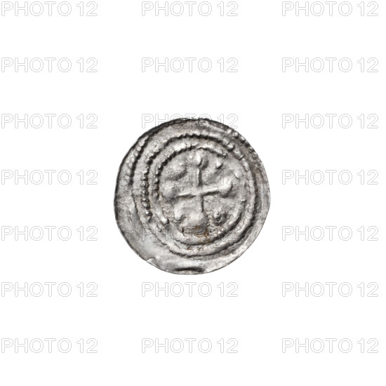 denarius, Boleslaw III Krzywousty (prince of Poland; 1086–1138/1107–1138), allegories, spearhead (issue mark), crosses, equal-armed cross, jaws, chain mail, martyrs, Romanesque (style), knight, dragons, dragon, Middle Ages, fight between good and evil, fight against pagans, spears, Adalbert (St.; ca. 956–997), spear (iconographic). Obv.: In the beaded border, a knight in chain mail thrusting a spearhead into the jaws of a dragon turned upside down. Rv.: In the triple beaded border, an isosceles cross topped with balls. Between its arms, one ball (three of them have one dot each; the fourth may also have one—obliteration prevents observation). ca. 1125–1138. Poland, Kraków. Coin. Diameter 12.2–12.6 mm. Weight 0.35 g.