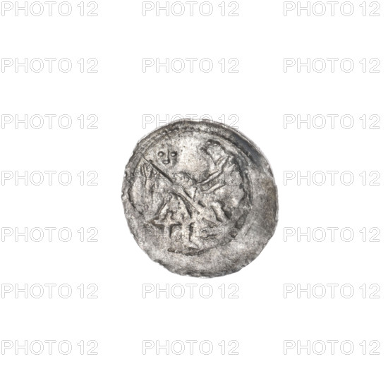 denarius, Boleslaw III Krzywousty (Prince of Poland; 1107–1138), allegories, spearhead (issue mark), equal-armed cross, crosses, jaws, knight, chain mail, Romanesque (style), knights, dragons, dragon, Middle Ages, martyrs, fight of good against evil, Adalbert (Saint; ca. 956–997), spear, fight against pagans, spears. Obv.: In the beaded border, a knight in chain mail thrusting a spearhead into the jaws of a dragon turned upside down. Rv.: In the triple beaded border, an isosceles cross topped with balls; between its arms, one ball. ca. 1125–1138. Poland, Kraków. Coin. Diameter 12.2–13.1 mm. Weight 0.45 g.