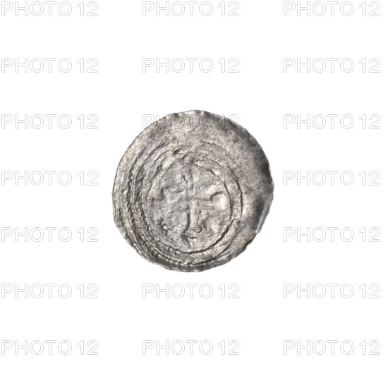 denarius, Boleslaw III Krzywousty (Prince of Poland; 1107–1138 / born 1086–1138), allegories, spearhead (issue mark), equal-armed cross, crosses, jaws, knight in chain mail, Romanesque (style), knights, dragons, dragon, Middle Ages, martyrs, fight of good against evil, Adalbert (Saint; ca. 956–997), spear, fight against pagans, spears. Obv.: In the beaded border, a knight in chain mail thrusting a spearhead into the jaws of an upside-down dragon. Rv.: In the triple beaded border, an isosceles cross topped with balls; between its arms, one ball. ca. 1125–1138, Poland, Kraków, coin; diameter 12.2–13.1 mm; weight 0.45 g
