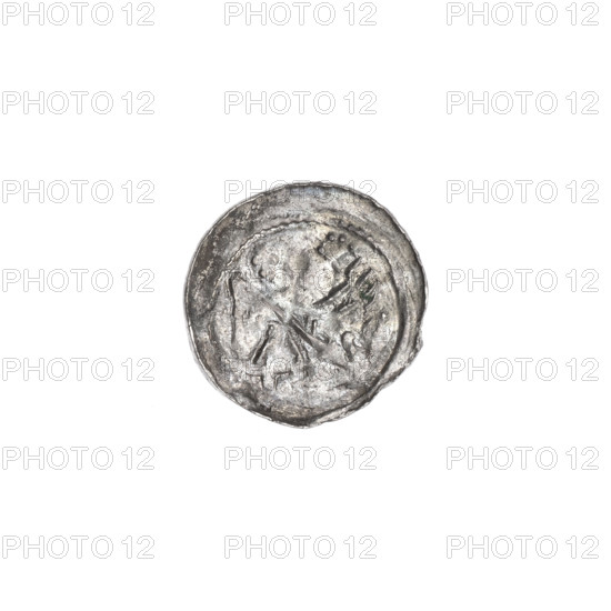 denarius, Boleslaw III Krzywousty (prince of Poland ; 1107-1138), allegories, Boleslaw III Krzywousty (prince of Poland ; 1086-1138), spearhead (issue mark), equal-armed cross, crosses, chain mail, mouth, chain mail, knight, martyrs, Romanesque (style), dragons, knights, dragon, Middle Ages, Adalbert (Saint ; ca 956-997), fight between good and evil, mouths, fight against pagans, spear, spears. Obv. In the beaded border, a knight in chain mail thrusting the spearhead into the jaws of a dragon turned upside down. Rv. In the triple beaded border, an isosceles cross topped with spheres (one of them with a dot). Between its arms, one sphere (two of them with a dot). ca. 1125–1138, Kraków, Poland; coin; diameter 12.1–12.6 mm; weight 0.34 g.