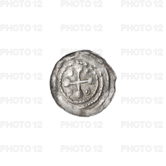 Denarius, Boleslaw III Krzywousty (prince of Poland; ca. 1086–1138). Romanesque style coin, ca. 1125–1138, Kraków, Poland. Obverse: in beaded border, a knight in chain mail thrusting a spearhead into the upside-down jaws of a dragon (fight between good and evil; knight, dragon, martyrs, Adalbert; fight against pagans). Reverse: in triple beaded border, an isosceles cross topped with spheres (one with a dot); between its arms, one sphere (two with a dot). Materials: coin. Diameter: 12.1–12.6 mm. Weight: 0.34 g.
