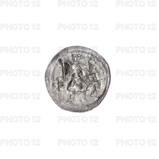 Denarius of Boleslaw III Krzywousty (prince of Poland; ca. 1125–1138). Obverse: within a beaded border, a knight in chain mail thrusting a spearhead into the jaws of an upside-down dragon; under the knight's right elbow an isosceles cross topped with balls. Reverse: within a triple beaded border, an isosceles cross topped with balls; at the intersection of the arms a ball, with two radiating balls between the arms (one smaller and closer to the center, the other larger—one bears a dot). Attributes: Romanesque style; imagery includes knight, dragons, spears/spearhead, chain mail, fight between good and evil, fight against pagans, Saint Adalbert (associated), martyrs. Mint/place: Poland, Kraków. Type: coin. Diameter: 12.6–13.1 mm. Weight: 0.43 g. Maker: Boleslaw III Krzywousty.