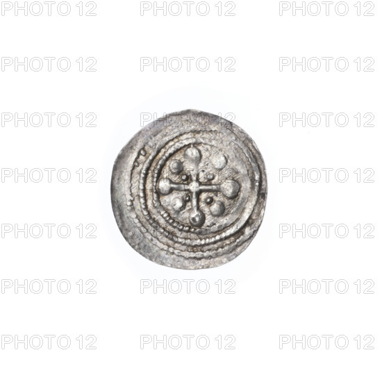 denarius, Boleslaw III Krzywousty (prince of Poland; 1107–1138), allegories, Boleslaw III Krzywousty (prince of Poland; 1086–1138), spearhead (issue mark), equal-armed cross, crosses, chain mail, mouth, martyrs, knight, Romanesque (style), dragons, knights, dragon, mouths, Adalbert (Saint; ca. 956–997), fight between good and evil, Middle Ages, fight against pagans, Obv. In the beaded border, a knight in chain mail thrusting a spearhead into the jaws of a dragon turned upside down. Under the knight's right elbow, an isosceles cross topped with balls. Rv. In the triple beaded border, an isosceles cross topped with balls. At the intersection of the arms, a ball. Between them, two radiating balls (closer to the center of the cross, smaller, the other larger—on one of them a dot). ca. 1125–1138, Poland, Kraków, coin, diameter 12.6–13.1 mm, weight 0.43 g