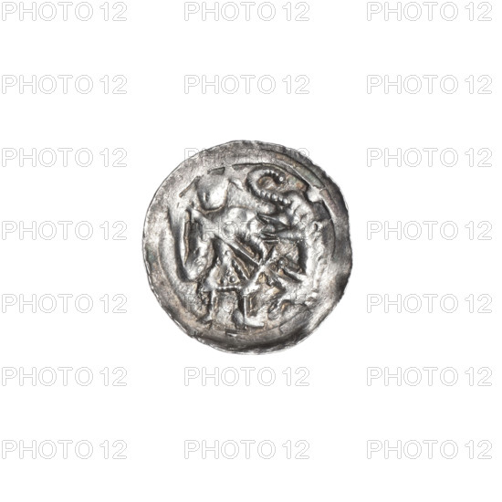 Denarius of Boleslaw III Krzywousty (prince of Poland; 1107–1138). Obverse: in a linear border, a knight in chain mail thrusting a spearhead into the jaws of an upside-down dragon. Reverse: in a triple beaded border, an isosceles cross topped with balls (two with one dot each); between its arms, one ball (each with one dot). Iconography: knight, dragon, spears, chain mail, equal-armed cross; themes of fight between good and evil, fight against pagans; Romanesque style; possible depiction of Saint Adalbert. Date: ca. 1125–1138. Place: Kraków, Poland. Coin: diameter 12.8–13.1 mm; weight 0.38 g.