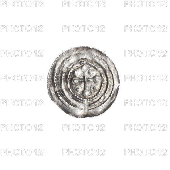 denarius, Boleslaw III Krzywousty (prince of Poland; 1086–1138), allegories, spearhead (issue mark), equal-armed cross, chain mail, crosses, jaws, chain mail, knight, martyrs, Romanesque (style), knights, dragons, dragon, jaws, Adalbert (Saint; ca. 956–997), fight between good and evil, fight against pagans, Middle Ages, spear, spears. Obv.: In the linear border, a knight in chain mail thrusting a spearhead into the jaws of an upside-down dragon. Rv.: In the triple beaded border, an isosceles cross topped with balls (two of them with one dot each); between its arms, one ball (each with one dot). ca. 1125–1138, Poland, Kraków, coin, diameter 12.8–13.1 mm, weight 0.38 g