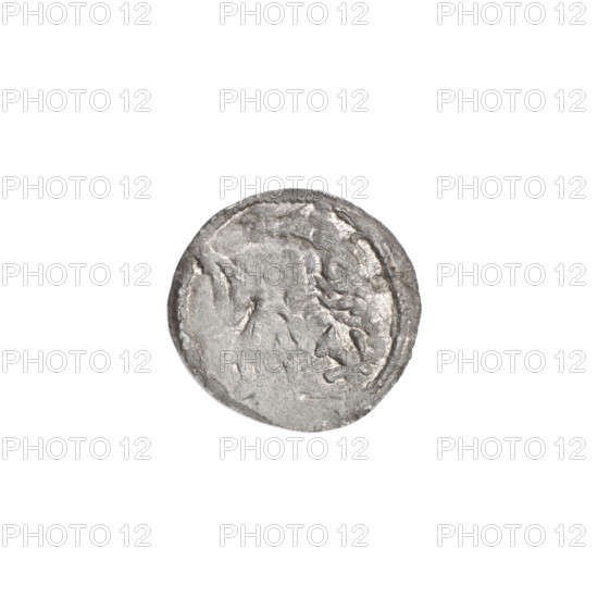 Denarius of Boleslaw III Krzywousty (prince of Poland; ca. 1086–1138), ca. 1125–1138. Obverse: within a beaded border, a knight in chain mail thrusting a spearhead into the jaws of an upside-down dragon. Reverse: within a triple beaded border, an isosceles cross topped with balls; at the intersection of the arms a ball, with one ball between the arms. Romanesque style; themes: martyrs, knights, dragons, fight of good against evil, fight against pagans, St. Adalbert. Coin; Poland, Kraków. Diameter 12.2–13.1 mm; weight 0.37 g.