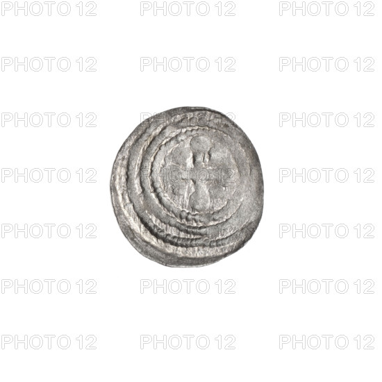 Denarius of Boleslaw III Krzywousty (prince of Poland; ca. 1107–1138). Obverse (in beaded border): a knight in chain mail thrusting a spearhead into the jaws of an upside-down dragon. Reverse (in triple beaded border): an isosceles cross topped with balls; a ball at the intersection of the arms and one ball between the arms. Romanesque style; iconography: fight of good against evil, fight against pagans; motifs include knights, dragons, spears, spearhead (issue mark), equal-armed cross, chain mail, mouths. References Adalbert (St.; ca. 956–997) and martyrs. Maker: Boleslaw III Krzywousty (prince of Poland; 1086–1138). Date: ca. 1125–1138. Place: Poland, Kraków. Coin (denarius). Diameter: 12.2–13.1 mm. Weight: 0.37 g.