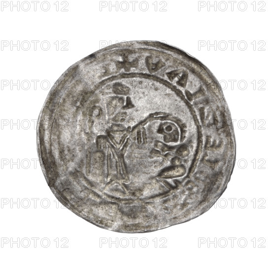 Bracteate, Boleslaw III Wrymouth (Prince of Poland; 1107–1138). In a pearl border, on the left facing right, a kneeling prince shown in profile with hands outstretched toward a bishop standing before him. The bishop, dressed in the liturgical vestments of St. Wojciech, holds a crosier in his left hand while his right hand rests on the prince's head — gesture of protection. Around the rim, in a linear border, inscription +BOLEZLAV. Date: 1135–1138. Poland (Gniezno/Kraków). Coin (bracteate). Diameter 26.8–27.6 mm; weight 0.56 g.