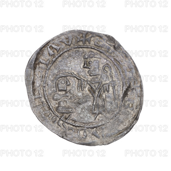 Bracteate, c. 1135–1138. Silver coin (diameter 24.9–26.8 mm, weight 0.63 g). Romanesque. Obverse: In a pearl border, on the left, facing right, a kneeling prince (Boleslaw III Wrymouth) shown in profile with hands outstretched toward a standing bishop (St. Adalbert). The bishop, dressed in liturgical vestments, holds a crosier in his left hand and rests his right hand on the prince's head — gesture of protection. Around the rim in a linear border: inscription +SZREBADSBOLEZLAV. Iconography: Boleslaw III Wrymouth; St. Adalbert; bishop, crosier, crosier posts; kneeling prince; martyrs. Culture: Middle Ages; Poland (Gniezno/Kraków).
