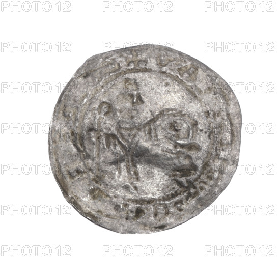 Bracteate, 1135–1138. Silver coin (diameter 24.9–26.8 mm; weight 0.63 g). In a pearl border, on the left, facing right, a kneeling prince (Boleslaw III Wrymouth) shown in profile with hands outstretched toward a bishop (St. Adalbert) standing before him. St. Adalbert, dressed in liturgical vestments, holds a crosier in his left hand while his right hand rests on the prince's head. Inscription around the rim in a linear border: +SZREBADSBOLEZLAV. Romanesque; iconography: Boleslaw III Wrymouth, bishop, kneeling prince, gesture of protection, crosier/crosier posts, bishops, martyrs.