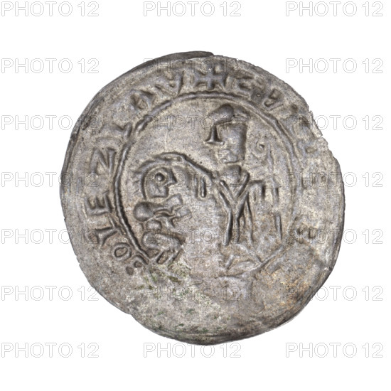Bracteate, 1135–1138. Obverse in a pearl border: on the left, a kneeling prince shown in profile facing right, hands outstretched toward a bishop standing before him. The bishop, St. Adalbert, dressed in liturgical vestments, holds a crosier in his left hand and rests his right hand on the prince's head. Linear border inscription: +SALREBLBOLEZLAV. Romanesque style; subject includes Boleslaw III Krzywousty (Prince of Poland, 1086–1138), gesture of protection, martyrs. Bronze coin (bracteate), diameter 27.0–28.6 mm, weight 0.66 g. Poland (Gniezno/Kraków).