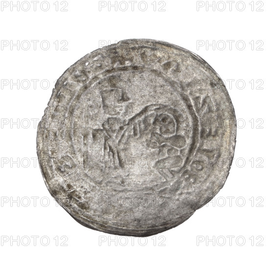 Bracteate depicting Boleslaw III Krzywousty (Prince of Poland, 1107–1138). In a pearl border, on the left side facing right, a kneeling prince shown in profile with hands outstretched toward a bishop standing before him. Dressed in liturgical vestments, St. Adalbert (ca. 956–997) holds a crosier in his left hand while his right hand rests on the prince's head. Around the rim, in a linear border, is the inscription +SALREBLBOLEZLAV. Romanesque style; crosier and gesture of protection iconography; martyrs; liturgical vestments. Date ca. 1135–1138. Coin (bracteate), Poland (Gniezno/Kraków). Diameter 27.0–28.6 mm; weight 0.66 g.