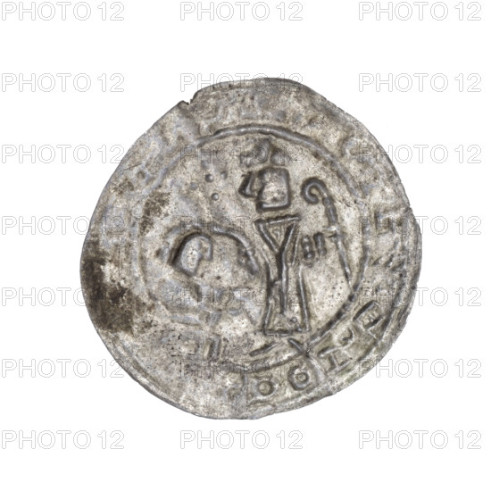 bracteate, Boleslaw III Krzywousty (Prince of Poland; 1086–1138), bishop, bishops, crosier, Boleslaw III Krzywousty — iconography, kneeling prince, gesture of care, crosier, martyrs, Romanesque (style), Adalbert (Saint; ca. 956–997), liturgical vestment, liturgical vestments, Middle Ages. In a pearl border, on the left side, facing right, a kneeling prince shown in profile. He has his hands outstretched towards the bishop standing before him. Dressed in liturgical vestments, St. Adalbert holds a crosier in his left hand, while his right hand rests on the prince's head. At the height of the bishop's head are five dots arranged in the shape of an isosceles cross (one of them in the center). Around the rim, within a linear border, is the inscription ALVSIEBOLOD. 1135–1138. Poland, Gniezno, Kraków. Coin; diameter 25.8–26.5 mm; weight 0.40 g.