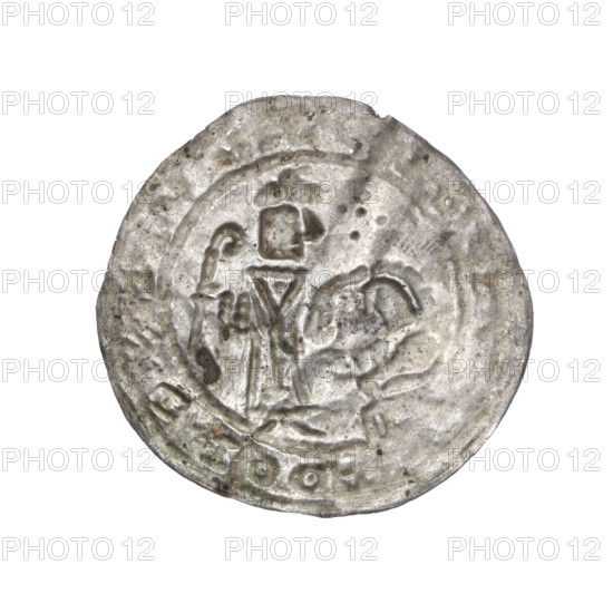 Bracteate, Boleslaw III Krzywousty (Prince of Poland; 1086–1138). In a pearl border, on the left side facing right, a kneeling prince shown in profile with hands outstretched toward the bishop standing before him. Dressed in liturgical vestments, St. Adalbert (ca. 956–997) holds a crosier in his left hand while his right hand rests on the prince's head. At the height of the bishop's head are five dots arranged in the shape of an isosceles cross (one in the center). Around the rim, within a linear border, is the inscription ALVSIEBOLOD. Romanesque style, 1135–1138. Coin (bracteate), diameter 25.8–26.5 mm, weight 0.40 g.
