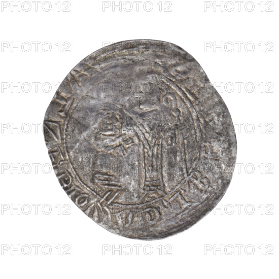 Bracteate, attributed to Boleslaw III Wrymouth (Prince of Poland; 1086–1138), 1135–1138. In a pearl border, on the left side facing right, a kneeling prince shown in profile has his hands outstretched toward a bishop standing before him. Dressed in liturgical vestments, St. Adalbert (ca. 956–997) holds a crosier in his left hand while his right hand rests on the prince's head. Around the rim, in a linear border, is the inscription EBLDAVOIBEZLA. Romanesque style; liturgical vestment imagery; gesture of protection; depiction of bishop/saint and kneeling prince. Coin (bracteate), diameter 24.3–26.9 mm, weight 0.53 g.