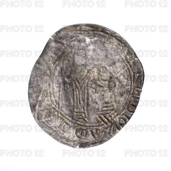 Bracteate, 1135–1138, Poland (Gniezno, Kraków). In a pearl border, on the left side facing right, a kneeling prince shown in profile with hands outstretched toward a standing bishop. The bishop, identified as St. Adalbert, wears liturgical vestments, holds a crosier in his left hand and rests his right hand on the prince’s head (gesture of protection). Inscription around the rim in a linear border: EBLDAVOIBEZLA. Romanesque style. Coin (bracteate), diameter 24.3–26.9 mm, weight 0.53 g. Makers/subjects: Boleslaw III Wrymouth (Prince of Poland, 1086–1138); Adalbert (Saint, ca. 956–997).