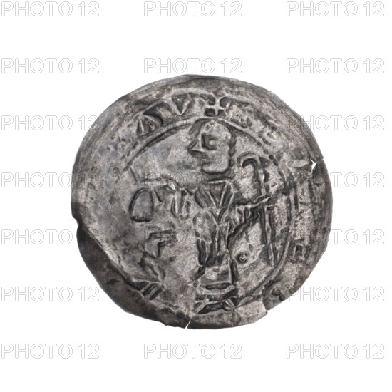 Bracteate, c. 1135–1138. Obverse in a pearl border: on the left, facing right, a kneeling prince shown in profile with hands outstretched toward a standing bishop. The bishop, identified as St. Adalbert, wears liturgical vestments, holds a crosier in his left hand and rests his right hand on the prince's head. Linear rim inscription +BLAV. Romanesque style, Middle Ages. Iconography: kneeling prince, gesture of protection, crosier, martyrs. Attributed to Boleslaw III Wrymouth (Prince of Poland; 1086–1138 / 1107–1138). Poland, Gniezno/Kraków. Coin (bracteate). Diameter 24.1–25.3 mm; weight 0.25 g.