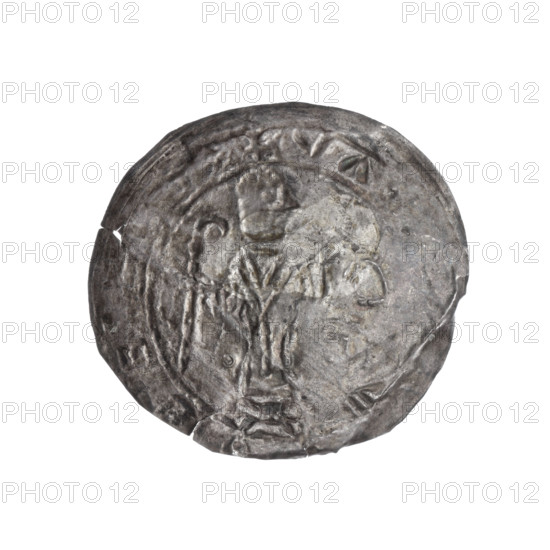 Bracteate, Boleslaw III Wrymouth (Prince of Poland; 1086–1138). Romanesque, c. 1135–1138. Obverse: In a pearl border, on the left, facing right, a kneeling prince shown in profile with hands outstretched toward the bishop standing before him. Dressed in liturgical vestments, St. Adalbert (ca. 956–997) holds a crosier in his left hand while his right hand rests on the prince's head. Around the rim, in a linear border, is the inscription '+BLAV.' Material: coin; diameter 24.1–25.3 mm; weight 0.25 g. Subjects/iconography: crosier, kneeling prince, gesture of protection, martyrs, bishops, liturgical vestments. Location: Poland (Gniezno/Kraków).