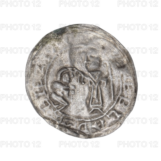Bracteate, 1135–1138. In a pearl border, on the left facing right, a kneeling prince shown in profile with hands outstretched toward a standing bishop. The bishop, St. Adalbert, wears liturgical vestments, holds a crosier in his left hand and rests his right hand on the prince's head. Around the rim, in a linear border, inscription: +REBLADBLEZLAV. Romanesque; Middle Ages. Subject: Boleslaw III Wrymouth (Prince of Poland), bishop, martyrs, gesture of protection, kneeling prince. Coin (bracteate). Diameter: 26.1–26.7 mm. Weight: 0.44 g.
