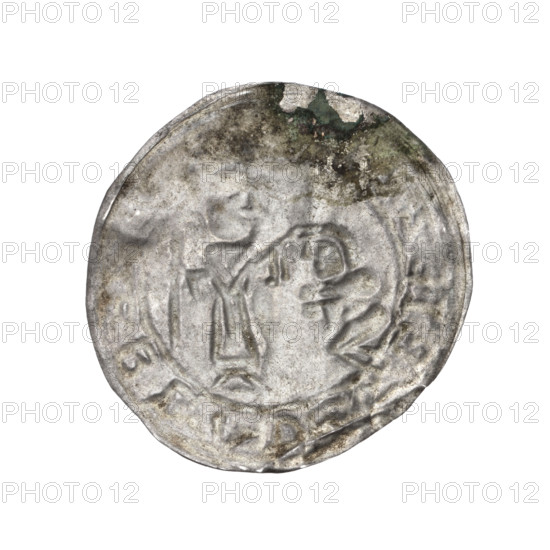 Bracteate; Boleslaw III Wrymouth (Prince of Poland; 1086–1138); bishop; iconography of martyrs; gesture of protection; kneeling prince; crosier; Adalbert (Saint; ca. 956–997); Romanesque style; Middle Ages; liturgical vestments. In a pearl border, on the left, facing right, a kneeling prince shown in profile with hands outstretched towards the bishop standing before him. Dressed in liturgical vestments, St. Adalbert holds a crosier in his left hand while his right hand rests on the prince's head. Around the rim, in a linear border, is the inscription +REBLADBLEZLAV. Date: 1135–1138. Place: Poland, Gniezno/Kraków. Coin; diameter 26.1–26.7 mm; weight 0.44 g.