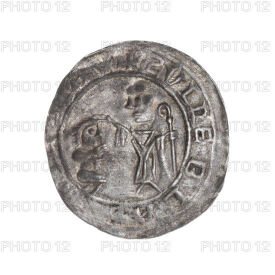 Bracteate, 1135–1138. Obverse in a pearl border: on the left, facing right, a kneeling prince shown in profile with hands outstretched toward a standing bishop. The bishop, identified as St. Adalbert, wears liturgical vestments, holds a crosier in his left hand, and rests his right hand on the prince's head (gesture of protection). Inscription around the rim in a linear border: +SVLREBLADBOLEZLAV. Romanesque style; depiction includes bishops, martyrs. Attributed to Boleslaw III Wrymouth (Prince of Poland, 1086–1138 / 1107–1138). Middle Ages; Poland (Gniezno, Kraków). Coin (bracteate); diameter 25.1–26.9 mm; weight 0.67 g.