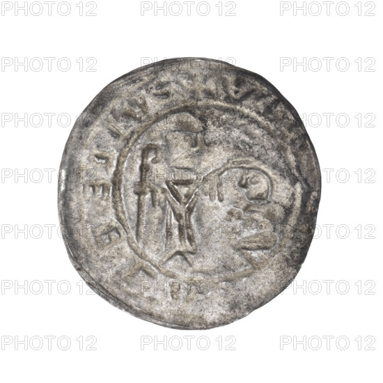 Bracteate, 1135–1138. Depicts a kneeling prince (Boleslaw III Wrymouth) in profile with hands outstretched toward a standing bishop (Saint Adalbert) dressed in liturgical vestments; the bishop holds a crosier in his left hand and rests his right hand on the prince’s head (gesture of protection). In a pearl border; around the rim is the inscription +SVLREBLADBOLEZLAV. Romanesque style, Middle Ages. Coin (bracteate), diameter 25.1–26.9 mm, weight 0.67 g.