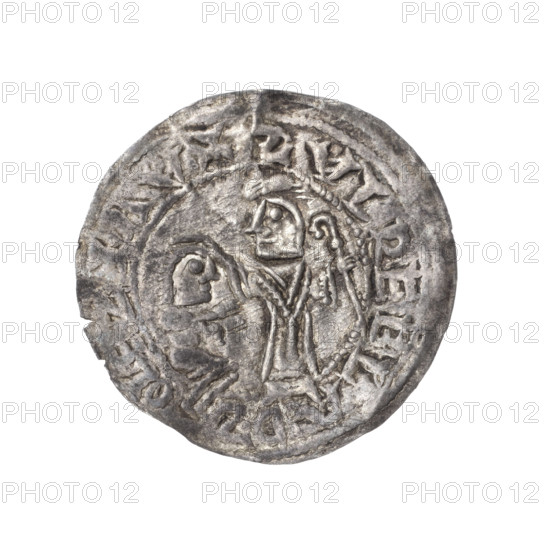 Bracteate, 1135–1138. Obverse: In a pearl border, on the left side, facing right, a kneeling prince shown in profile with hands outstretched toward a standing bishop. The bishop, identified as St. Adalbert, wears liturgical vestments, holds a crosier in his left hand and rests his right hand on the prince's head (gesture of protection). Inscription around the rim in a linear border: +SVLREBLADZOLEZLAV. Romanesque style; iconography: Boleslaw III Wrymouth (Prince of Poland), bishops, martyrs. Coin (bracteate), diameter c. 25.3–25.6 mm, weight 0.57 g.