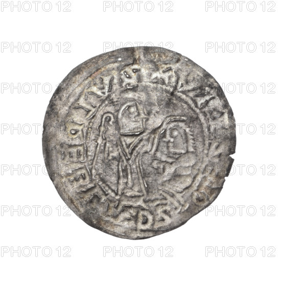 Bracteate, 1135–1138. Obverse: In a pearl border, on the left side, facing right, a kneeling prince shown in profile with hands outstretched toward a standing bishop. The bishop, identified as St. Adalbert, wears liturgical vestments, holds a crosier in his left hand, and rests his right hand on the prince's head (gesture of protection). Inscription around the rim in a linear border: +SVLREBLADZOLEZLAV. Romanesque style; iconography includes bishop, crosier, kneeling prince, martyrs. Maker: associated with Boleslaw III Wrymouth (Prince of Poland, 1086–1138). Coin (bracteate). Diameter 25.3–25.6 mm; weight 0.57 g.