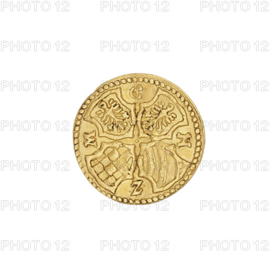 half-ducat (punch 3 hellers), Charles II (Duke of Ziebice-Olesnica; 1587–1617), 1612. Obv.: Silesian eagle within a pearl-shaped rim, with the coat of arms of Zloty Potok/Olesnica/Podebradowicze in the centre; to the left and right of the eagle the date 16 - 12. Rev.: within a pearl-shaped rim, four coats of arms of the Duchy of Ziebice-Olesnica (two coats of arms of Silesia, chessboard, diagonal stripes) pointing downwards toward the centre, forming a cross, a dot in the centre; at the rim in the gaps between the shields the letters C - H - Z - M. Silesia (historical region); Duchy of Olesnica (1313–1884). Coin; diameter 16.3 mm, weight 1.74 g.