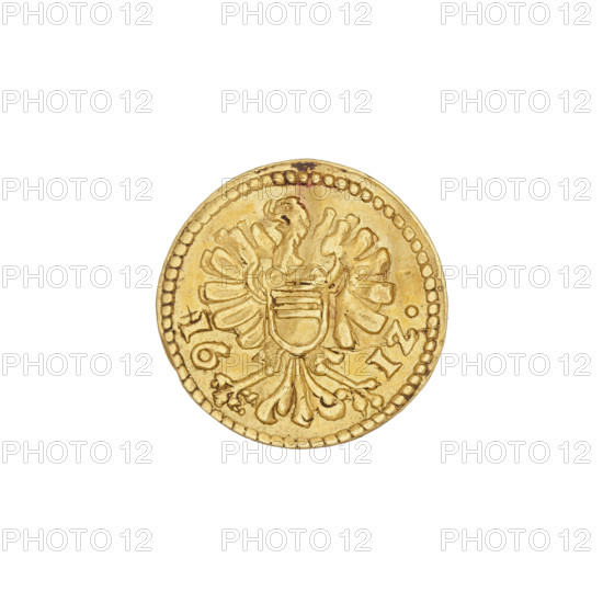 half-ducat (punch 3 hellers), Charles II (Duke of Ziebice-Olesnica; 1587–1617), Silesia (historical region). Obverse: Silesian eagle within a pearl-shaped rim, with the coat of arms of Zloty Potok/Olesnica/Podebradowicze in the centre; date 16 - 12 to left and right of the eagle. Reverse: within a pearl-shaped rim, four coats of arms of the Duchy of Ziebice-Olesnica (two Silesian shields, chessboard, diagonal stripes) pointing downwards toward the centre, forming a cross, dot in the centre; letters C - H - Z - M at the rim in gaps between shields, 1612. Duchy of Olesnica (1313–1884). Coin, diameter 16.3 mm, weight 1.74 g.