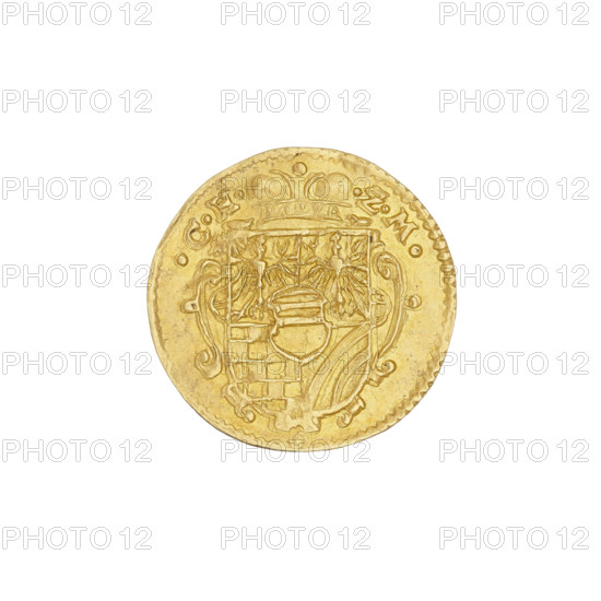 half-ducat (punch 3 hellers), Charles II (Duke of Ziebice-Olesnica; 1587–1617), Silesia (historical region). Obv.: Silesian eagle within a pearl-shaped rim with a halo, with the coat of arms of Zloty Potok/Olesnica/Podebradowicz in the centre; left of the eagle the date 1616; right of the eagle a HT ligature. Rev.: within a pearl-shaped rim, under a crown, a five-field coat of arms of the Duchy of Ziebice-Olesnica (two Silesian fields, a chessboard, diagonal stripes and, in the heart field, horizontal stripes; Silesia and the diagonal and horizontal stripes also represent the coat of arms of Zloty Stok). On both sides of the coat of arms at the top the letters .CH - .ZM;. Date: 1616. Region: Silesia, Duchy of Olesnica (1313–1884), Olesnica. Coin. Diameter 17–17.4 mm. Weight 1.73 g.