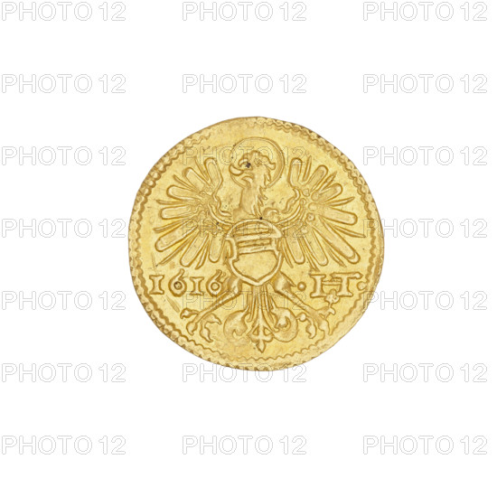 half-ducat (punch 3 hellers), Charles II (Duke of Ziebice-Olesnica; 1587–1617), Silesia (historical region); Obv.: Silesian eagle within a pearl-shaped rim with a halo, with the coat of arms of Zloty Potok/Olesnica/Podebradowicz in the centre; left of eagle the date 1616; right of eagle a HT ligature. Rev.: within a pearl-shaped rim, under a crown, a five-field coat of arms of the Duchy of Ziebice-Olesnica (two Silesian fields, a chessboard, diagonal stripes and, in the heart field, horizontal stripes; the Silesian field and the diagonal and horizontal stripes also represent the coat of arms of Zloty Stok); on both sides of the coat of arms at the top the letters .CH - .ZM; 1616. Duchy of Olesnica (1313–1884), Olesnica; coin; diameter 17–17.4 mm; weight 1.73 g.