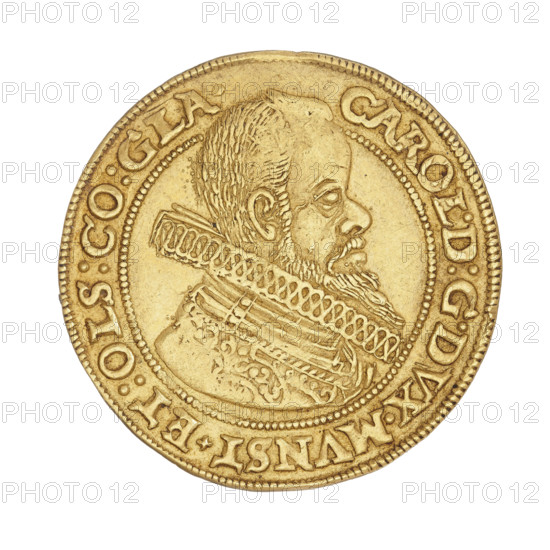 2 ducats, Charles II (Duke of Ziebice-Olesnica; 1587–1617). Obverse: male bust in armour with a sash, wide ruff and long beard, turned right; rim inscription divided at the top by the ruler's head: 'CAROL.D:G.DVX.MVNST.ET.OLS:CO:GLA.' Reverse: five-field coat of arms of the Duchy of Ziebice-Olesnica with the Podebradowicz coat of arms in the heart field; above the shield three jewels with labres; rim inscription twice divided by a shield and the mintmaster's mark 'HT' and inscription 'SVPREM.PER.VT. - SIL.CAPIT.615. -'. 1615. Silesia, Duchy of Olesnica. Coin; diameter 27.4 mm; weight 6.95 g., A circular gold-colored coin showing a raised profile of a man facing right with short hair and a beard, wearing an ornate ruffled collar and detailed patterned clothing; the portrait is surrounded by a beaded inner border and an outer rim with raised decorative edge, with engraved decorative markings around the perimeter; the visible colors are gold and variations of yellow with subtle darker gol...