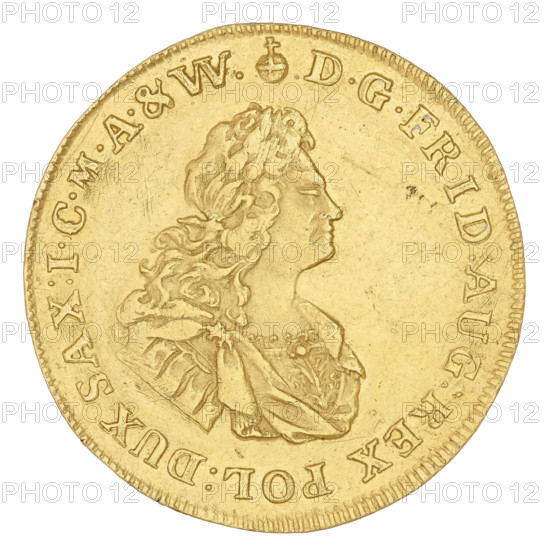 3 ducats (on the die 2 ducats), Augustus II the Strong (King of Poland; 1697–1706, 1709–1733; 1670–1733). Obverse: bust of the king in a cloak fastened on the shoulder with a flower-shaped clasp, hair partially tied back; rim inscription divided by an orbicularis royale at the top: DGFRID:AUG:AUG:REX POL:DUX SAX:ICMA&W. Reverse: under the crown a five-field coat of arms with the coats of arms of Poland, Lithuania, and Saxony; the shield is surrounded by two palm branches. Below the shield the letters IGS; below them a miner's hook (symbol of the Dresden Mint). Inscription around the rim, divided at the top by a crown: SAC:ROM:IMP:ARCHIM:ET ELECT:1719. 1719. Coin from Dresden, Saxony, diameter 30.6 mm, weight 10.43 g., A circular gold-colored coin photographed against a white background showing a raised profile bust of a person facing right with long wavy hair and draped clothing; the coin surface has a slightly worn texture with fine scratches and small marks, a reeded rim, and a ring ...