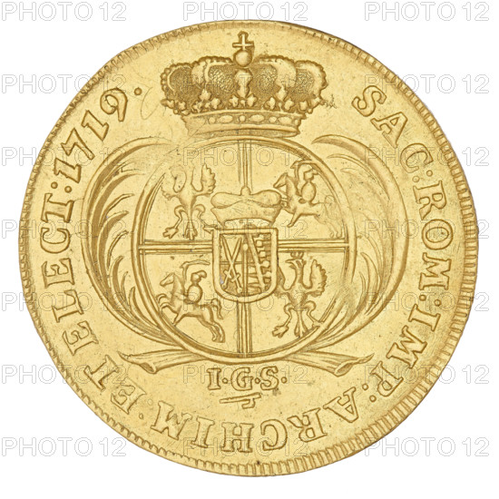 3 ducats (on the die 2 ducats), Augustus II the Strong (King of Poland; 1697–1706, 1709–1733), Augustus II the Strong (1670–1733). Obverse: bust of the king in a cloak fastened on the shoulder with a flower-shaped clasp, hair partially tied back; rim inscription divided at the top by an orbicularis royale: DGFRID:AUG:AUG:REX POL:DUX SAX:ICMA&W. Reverse: under the crown a five-field coat of arms with the coats of Poland, Lithuania, and Saxony, the shield surrounded by two palm branches; below the shield the letters IGS and, below them, a miner's hook (symbol of the Dresden Mint). Inscription around the rim, divided at the top by a crown: SAC:ROM:IMP:ARCHIM:ET ELECT:1719. 1719. Coin; diameter 30.6 mm; weight 10.43 g., A round metallic object with a golden color fills the image, showing intricate raised designs and embossed patterns; at the center is a large ornate emblem featuring a crowned circular shield divided into sections with small decorative figures and symbols, surrounded by cur...