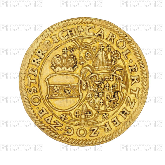 2 commemorative ducats on the occasion of the shooting competition in Nysa, Karol (Duke of Nysa; Bishop of Wroclaw; 1608–1624). Obverse: Two coats of arms shields; under the mitre a shield with a transverse band; under the bishop's mitre and crosier a four-field shield with the Lower Silesian Eagle and six lilies; above the shields and below plant motifs with crosses; rim inscription +CAROL.ERTZHERZOG.ZVE.OSTERREICH; continuous inner border; diagonal beaded outer border. Reverse: Inscription in six lines A1612./KLEINOT/GROSSEN.FREI/SCHISSENS./.NEIS./.19 AVGVST above and below floral motifs, between the words dots and rosettes; diagonal pearl border. Dated 1612. Silesia, Duchy of Nysa (1302–1810, 1850), Nysa. Medal (or commemorative coin). Diameter 26.0 mm; weight 6.95 g., A circular gold-colored coin with a raised decorative edge, showing a central design of two adjacent ornate shields topped by crowns and surrounded by floral and scrollwork motifs, with a ring of raised lettering arou...
